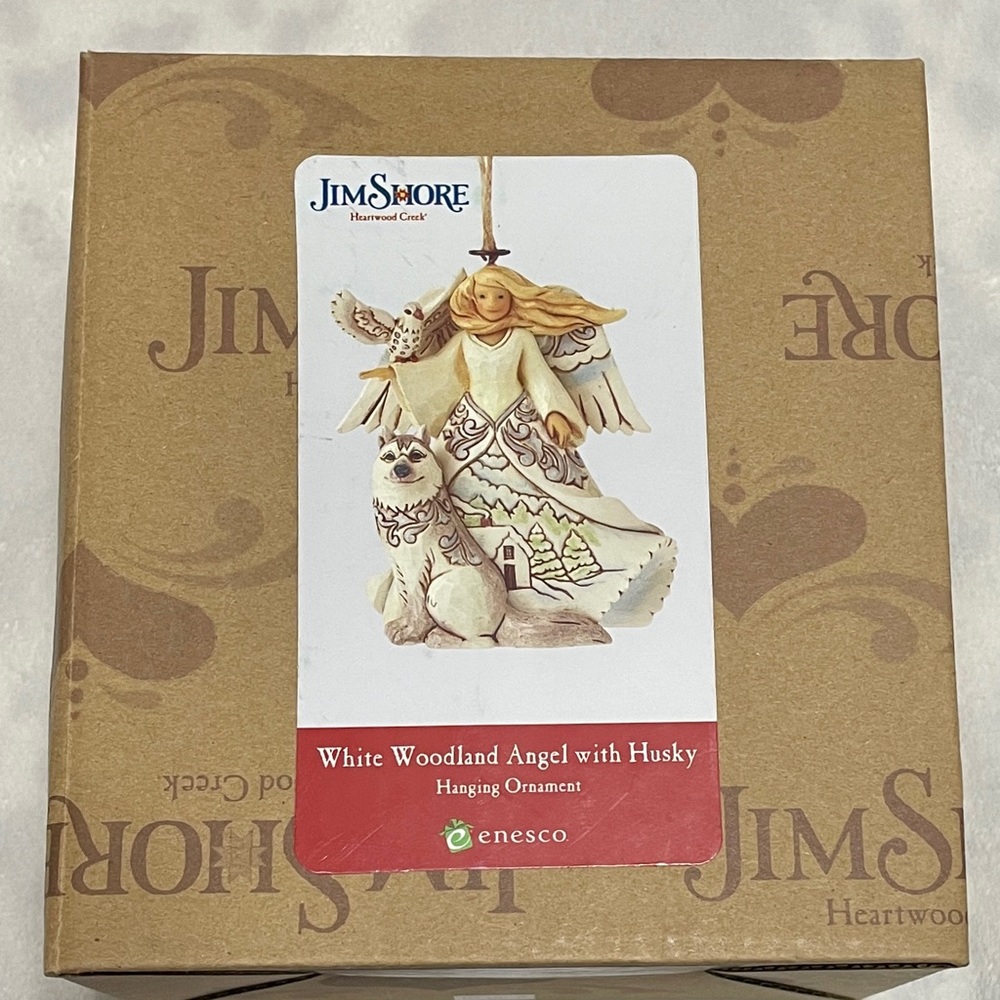 Jim Shore Heartwood Creek White Woodland Angel with Husky Ornament
